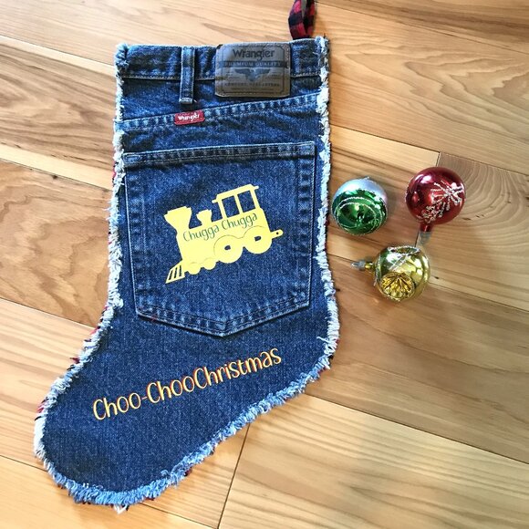 Handmade Denim Christmas Stocking w/Jean Pocket, Choo-Choo Train Graphics, S-M - Picture 8 of 9